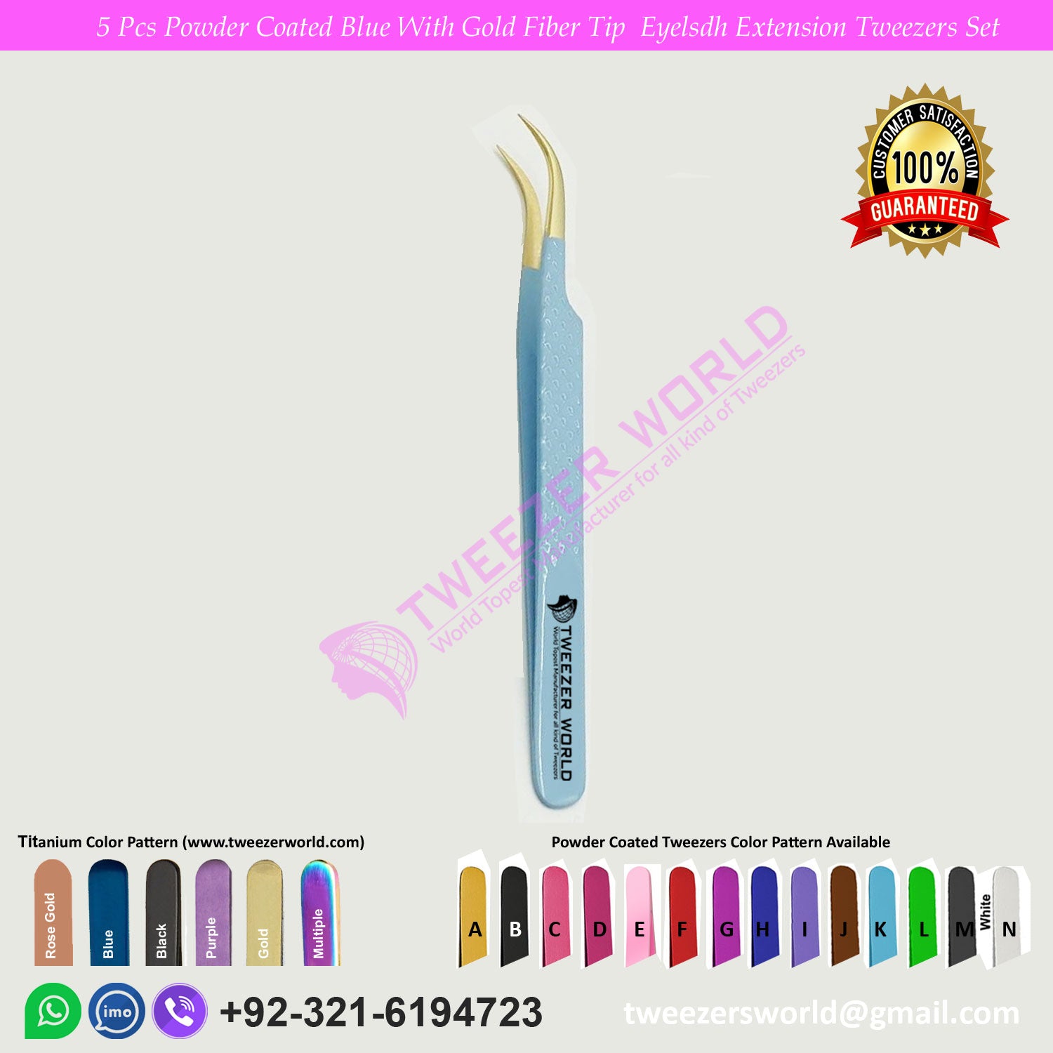 5 Pcs Powder Coated Blue Handle With Gold Fiber Tip Eyelash Extension Tweezers Set