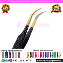 5 Pcs Powder Coated Black With Gold Fiber Tip Eyelash Extension Tweezers Set