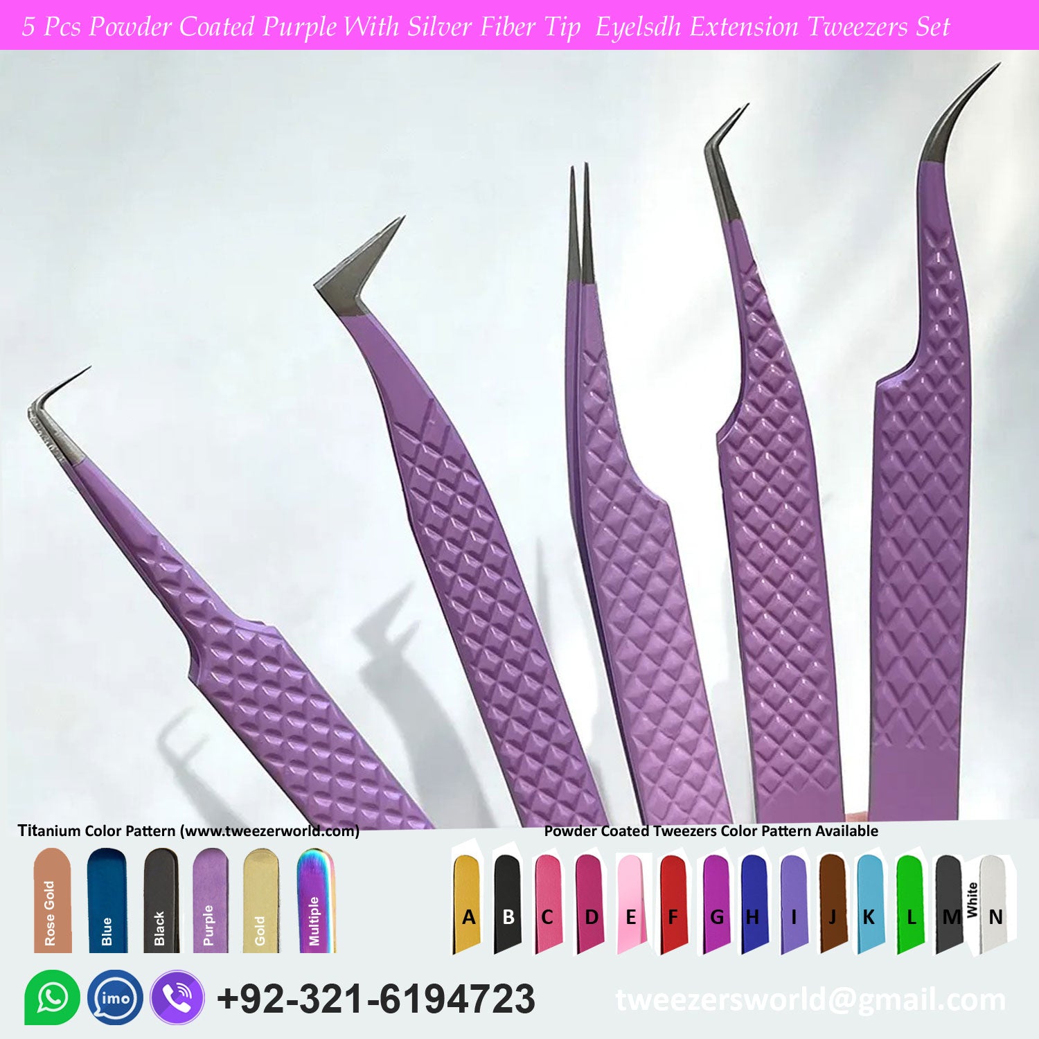 5 Pcs Powder Coated Purple With Silver Fiber Tip Eyelash Extension Tweezers Set