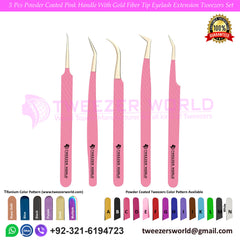 5 Pcs Powder Coated Pink Handle With Gold Fiber Tip Eyelash Extension Tweezers Set