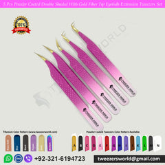 5 Pcs Powder Coated Double Shaded With Gold Fiber Tip Eyelash Extension Tweezers Set