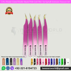 5 Pcs Powder Coated Double Shaded With Gold Fiber Tip Eyelash Extension Tweezers Set