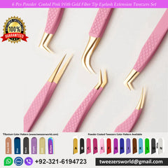 5 Pcs Powder Coated Pink Handle With Gold Fiber Tip Eyelash Extension Tweezers Set