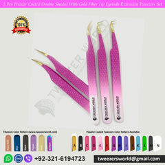 5 Pcs Powder Coated Double Shaded With Gold Fiber Tip Eyelash Extension Tweezers Set