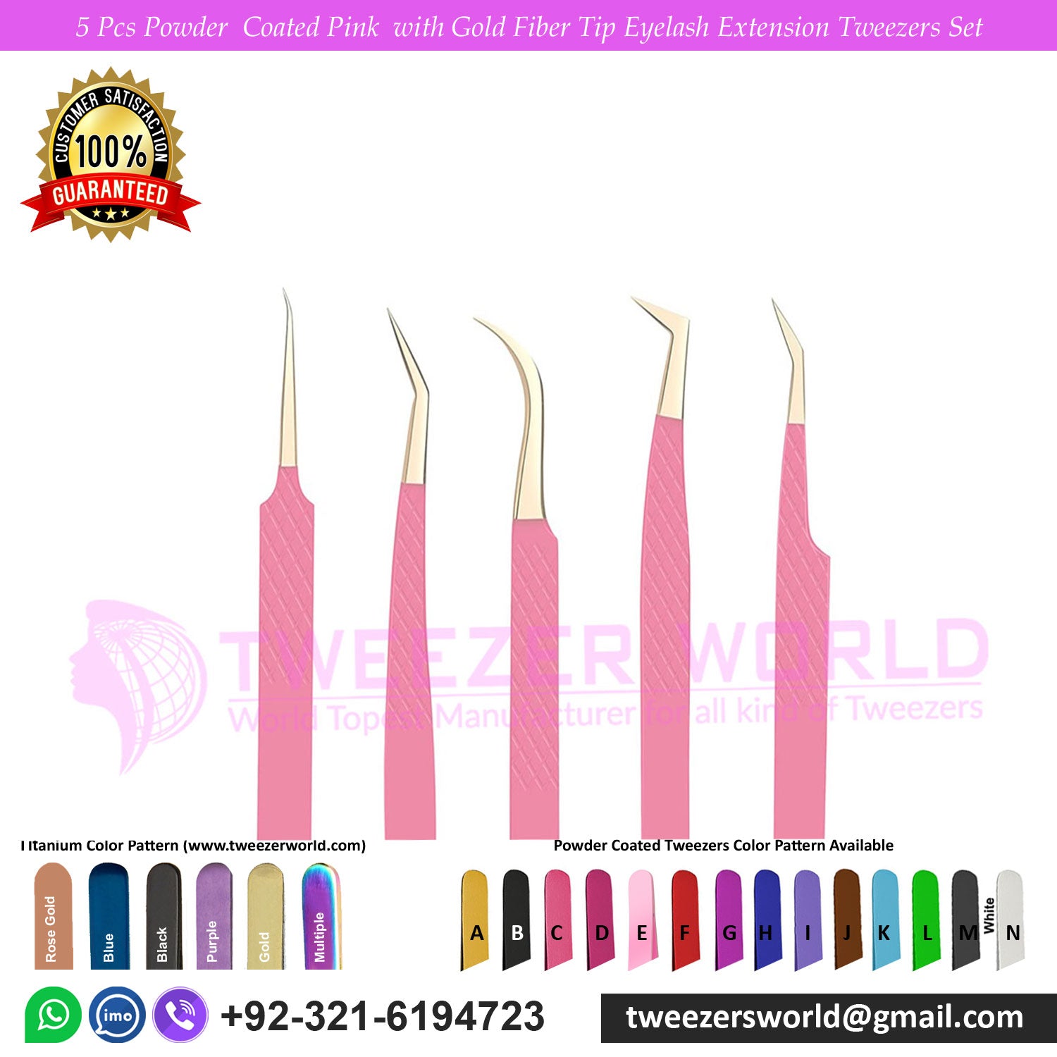 5 Pcs Powder Coated Pink Handle With Gold Fiber Tip Eyelash Extension Tweezers Set