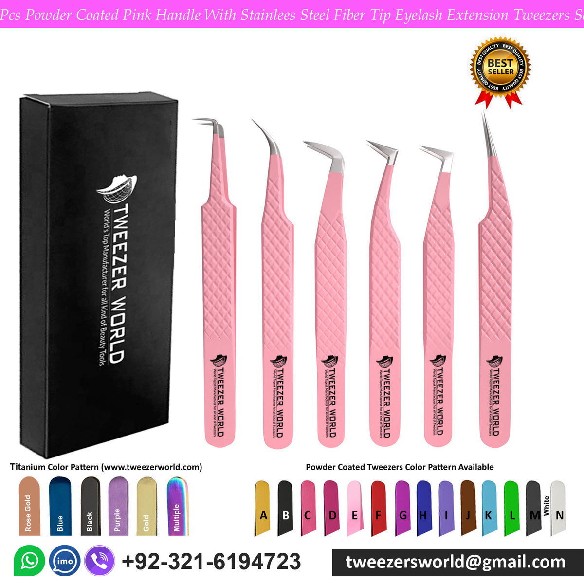 6 Pcs Powder Coated Pink Handle With Stainless Steel Fiber Tip Eyelash Extension Tweezers Set