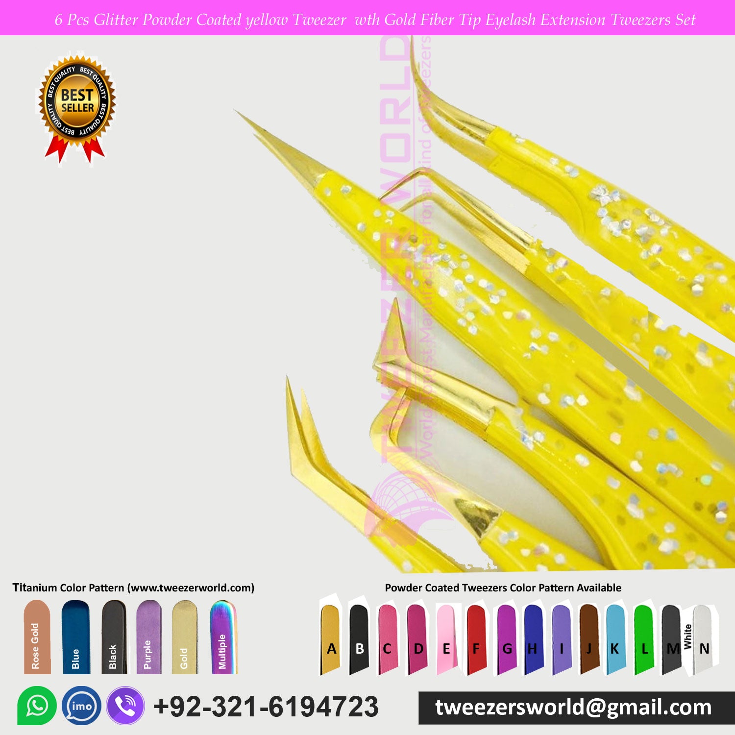 6 Pcs Glitter Powder Coated yellow Tweezer  with Gold Fiber Tip Eyelash Extension Tweezers Set