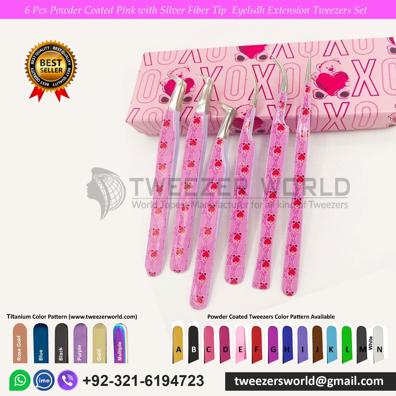 6 Pcs Print Powder Coated Pink with Silver Fiber Tip Eyelash Extension Tweezers Set