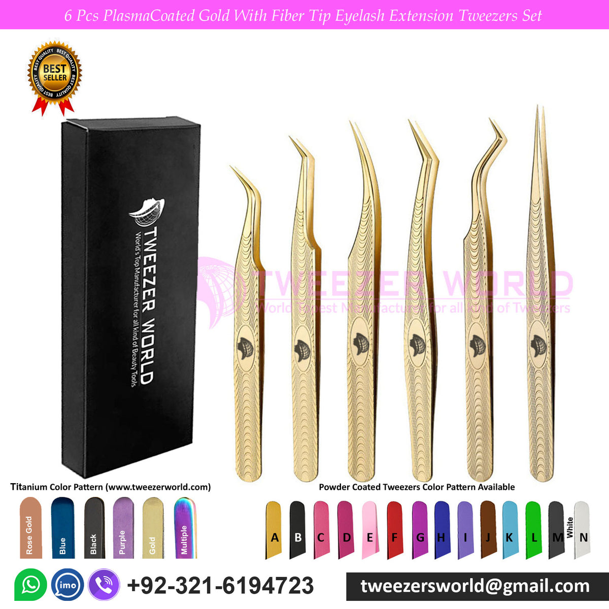 6 Pcs Plasma Coated Gold Fiber Tip Eyelash Extension Tweezers Set for Professionals