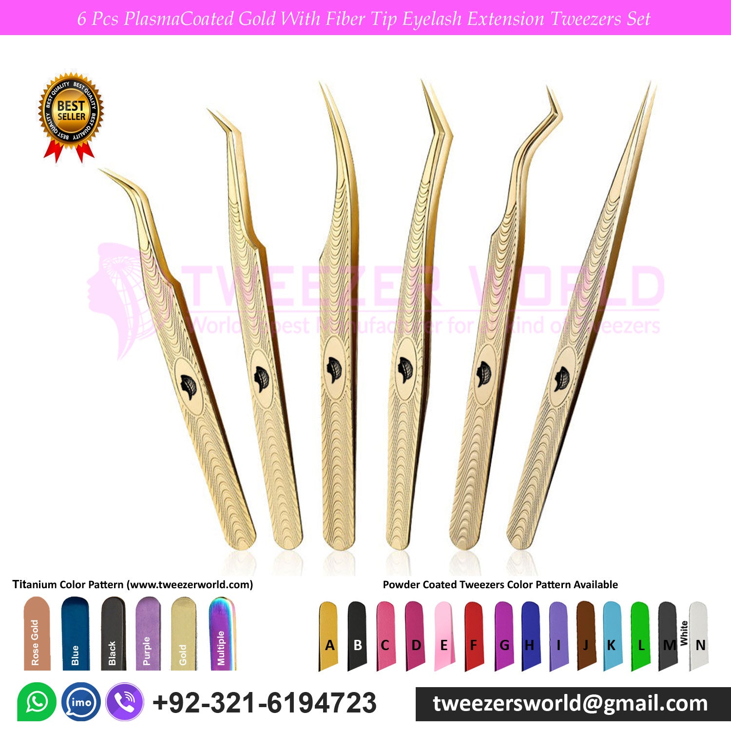 6 Pcs Plasma Coated Gold Fiber Tip Eyelash Extension Tweezers Set for Professionals