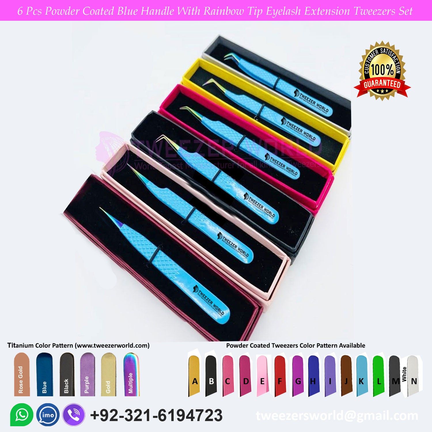 6 Pcs Powder Coated Blue Handle With Rainbow Tip Eyelash Extension Tweezers Set