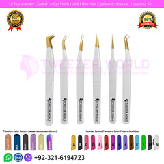 6 Pcs Powder Coated White With Gold Fiber Tip Eyelash Extension Tweezers Set