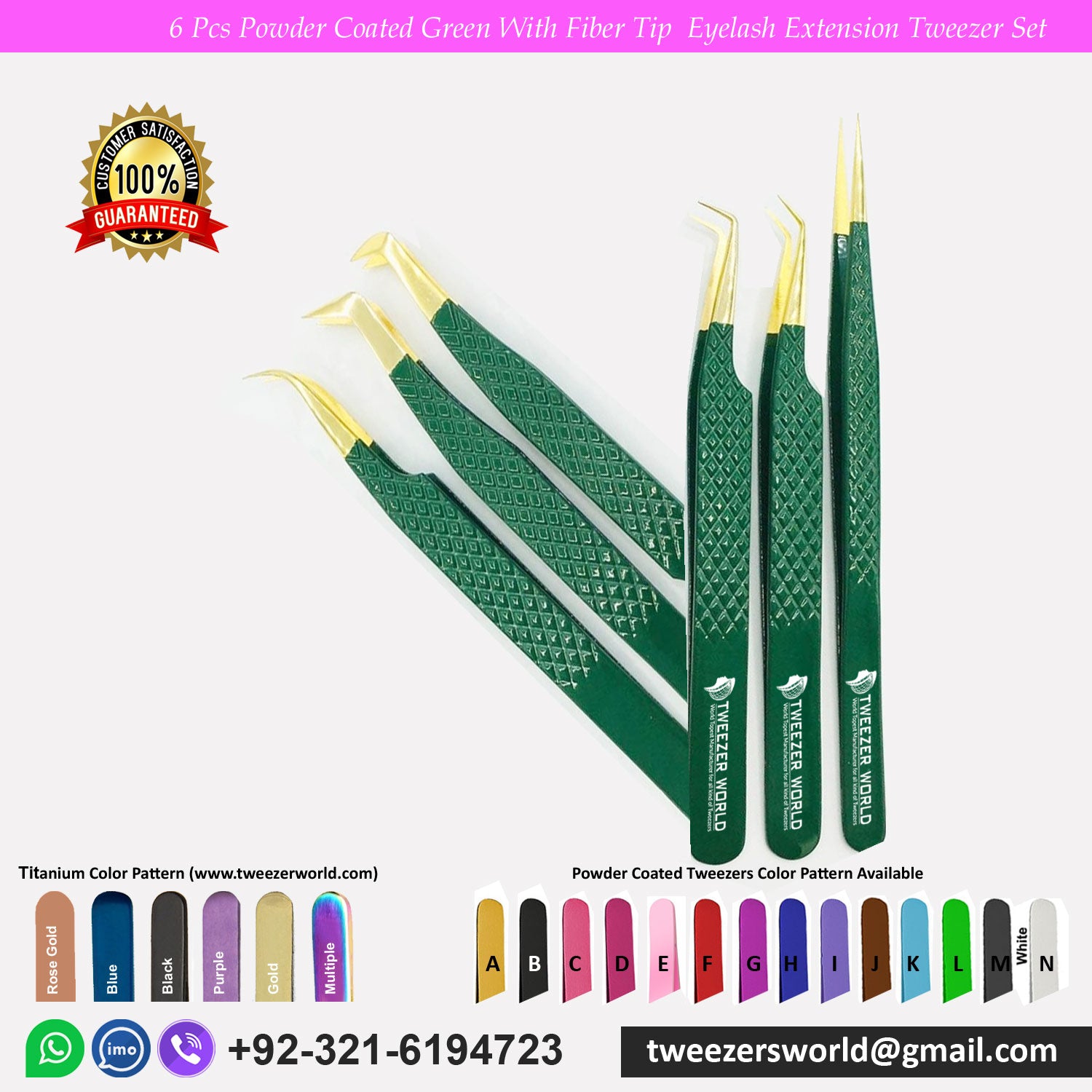 6pcs Powder Coated Green With Fiber Tip Eyelash Tweezers Sets