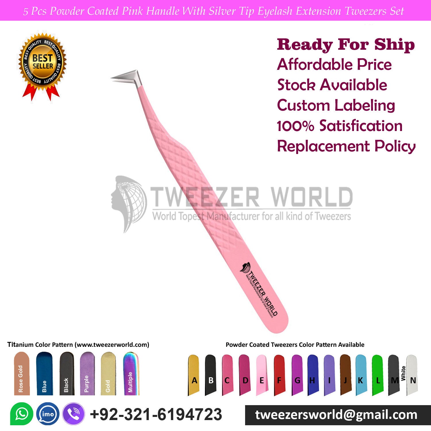 5pcs Powder Coated Pink With Silver Tip Eyelash Tweezers Sets