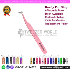 5pcs Powder Coated Pink With Silver Tip Eyelash Tweezers Sets