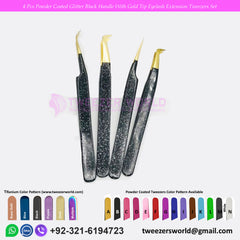 4 Pcs Powder Coated Glitter Black Handle With Gold Tip Eyelash Extension Tweezers Set