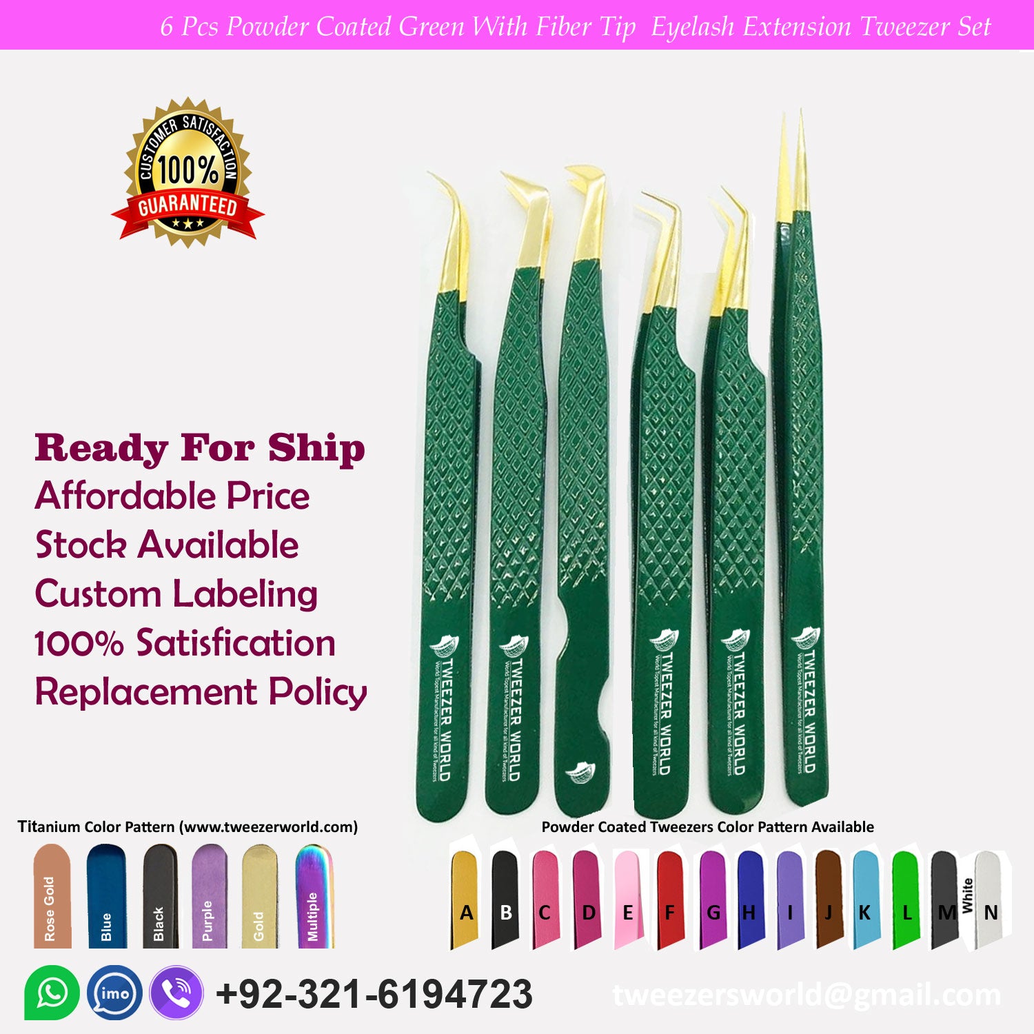 6pcs Powder Coated Green With Fiber Tip Eyelash Tweezers Sets