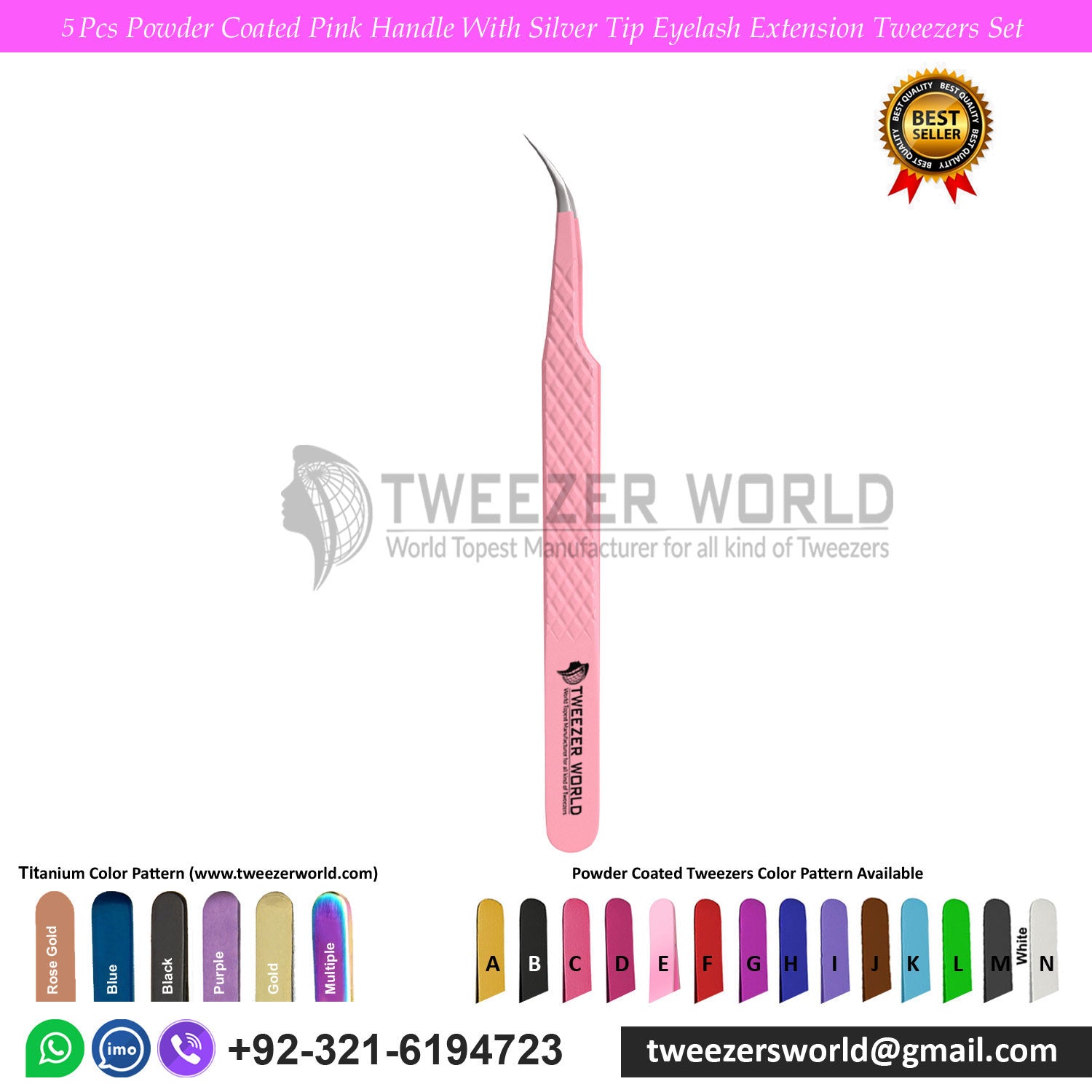 5pcs Powder Coated Pink With Silver Tip Eyelash Tweezers Sets