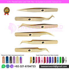 6 Pcs Plasma Coated Gold Fiber Tip Eyelash Extension Tweezers Set for Professionals