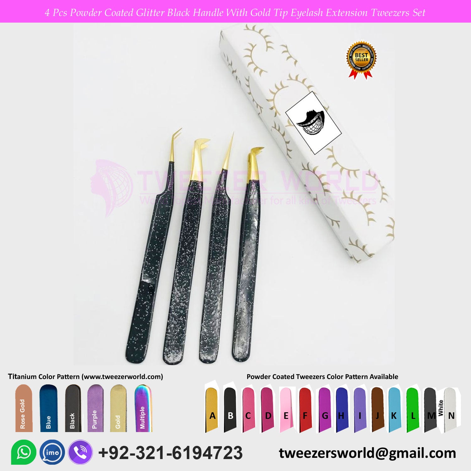 4 Pcs Powder Coated Glitter Black Handle With Gold Tip Eyelash Extension Tweezers Set