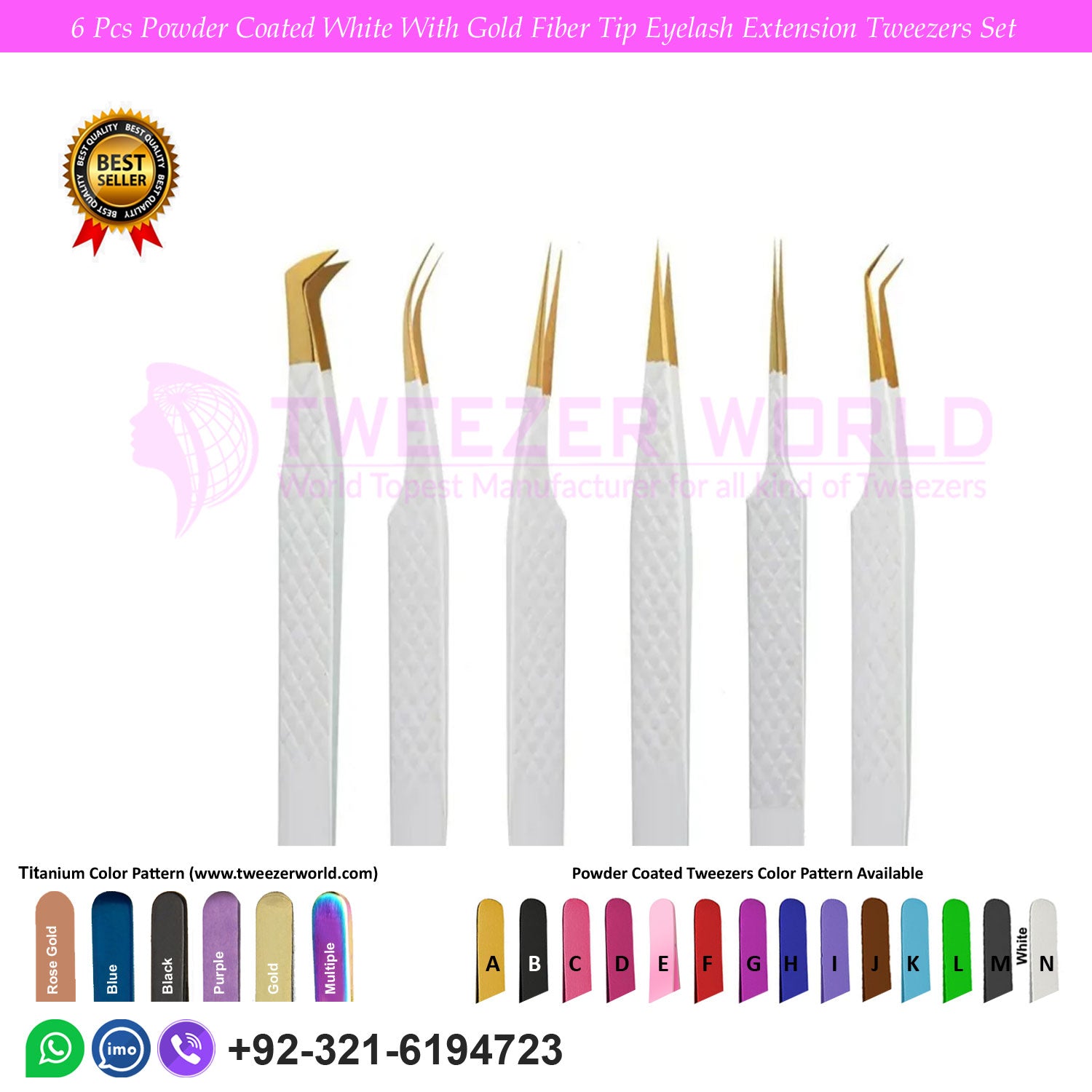 6 Pcs Powder Coated White With Gold Fiber Tip Eyelash Extension Tweezers Set