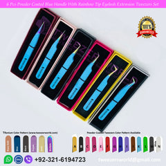 6 Pcs Powder Coated Blue Handle With Rainbow Tip Eyelash Extension Tweezers Set