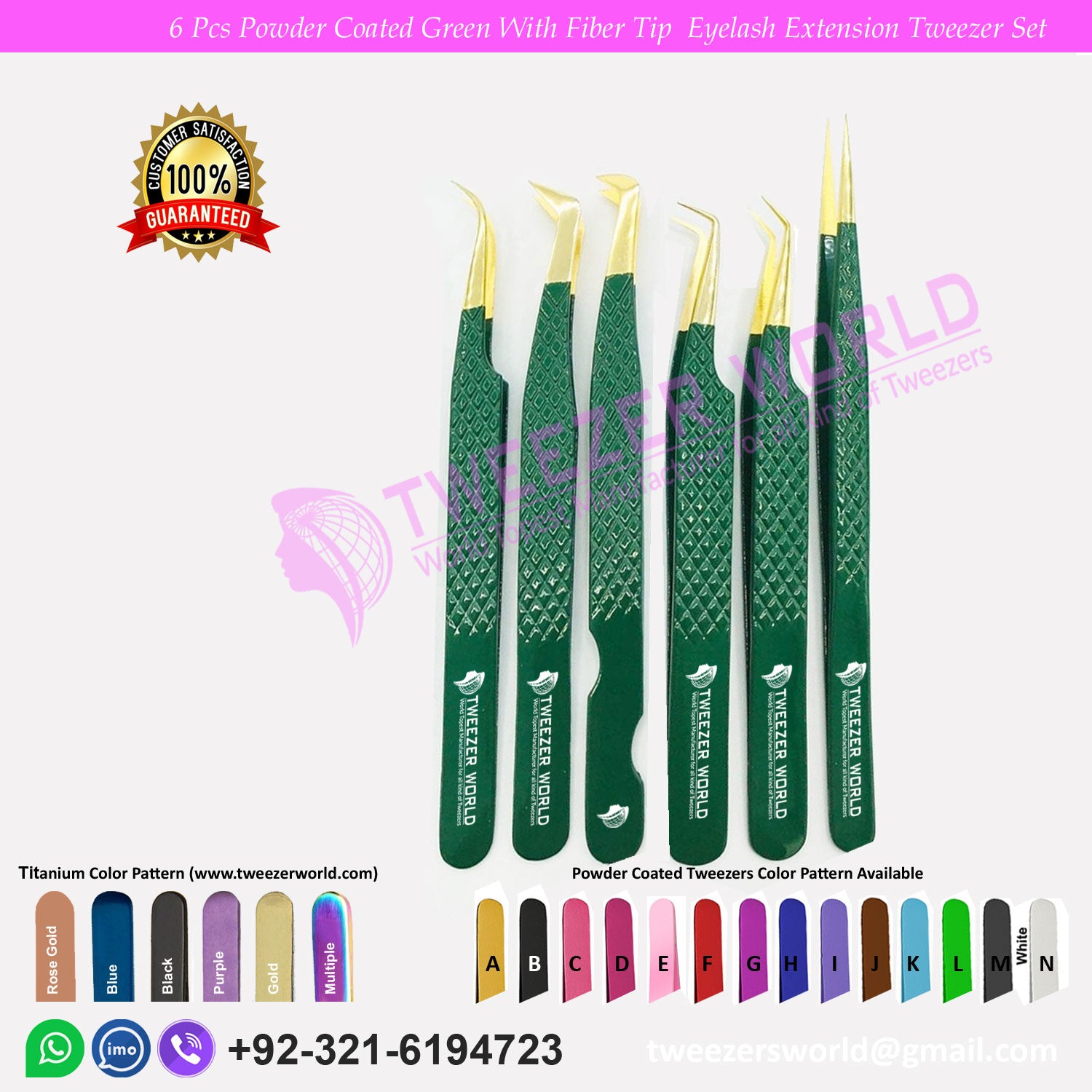 6pcs Powder Coated Green With Fiber Tip Eyelash Tweezers Sets