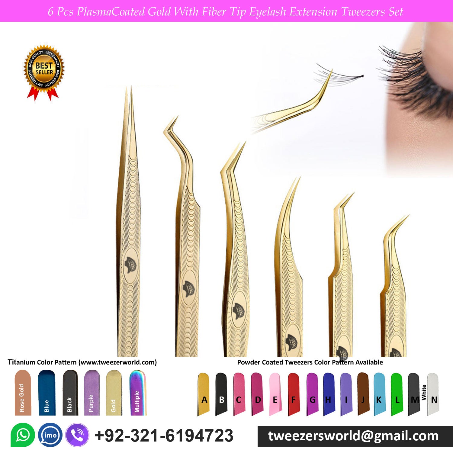 6 Pcs Plasma Coated Gold Fiber Tip Eyelash Extension Tweezers Set for Professionals