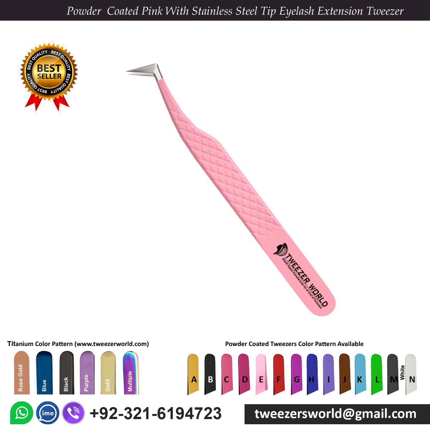 6 Pcs Powder Coated Pink Handle With Stainless Steel Fiber Tip Eyelash Extension Tweezers Set