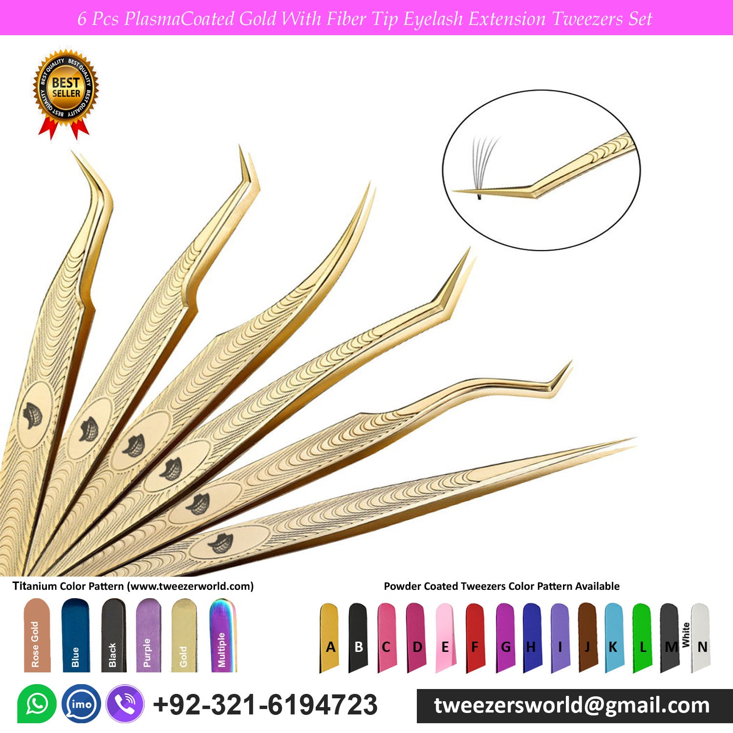 6 Pcs Plasma Coated Gold Fiber Tip Eyelash Extension Tweezers Set for Professionals