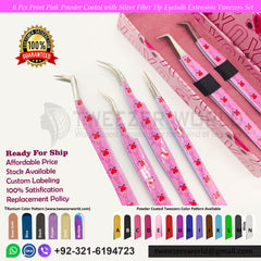 6 Pcs Print Powder Coated Pink with Silver Fiber Tip Eyelash Extension Tweezers Set