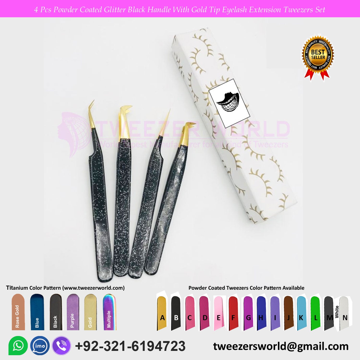 4 Pcs Powder Coated Glitter Black Handle With Gold Tip Eyelash Extension Tweezers Set