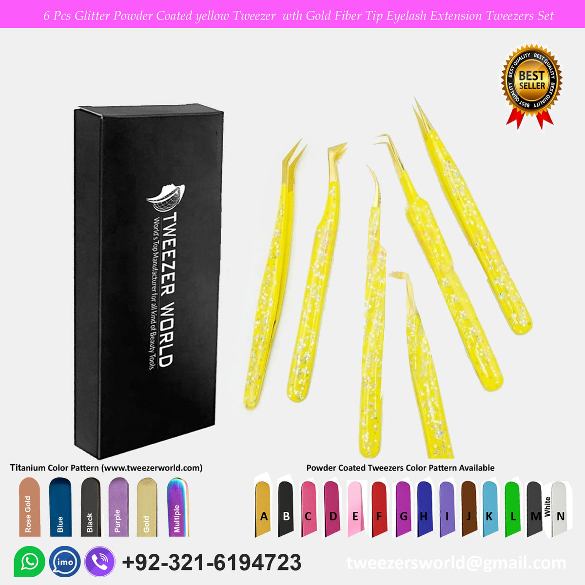 6 Pcs Glitter Powder Coated yellow Tweezer  with Gold Fiber Tip Eyelash Extension Tweezers Set