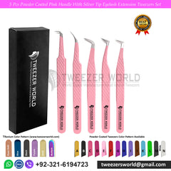 5pcs Powder Coated Pink With Silver Tip Eyelash Tweezers Sets