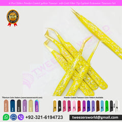 6 Pcs Glitter Powder Coated yellow Tweezer  with Gold Fiber Tip Eyelash Extension Tweezers Set