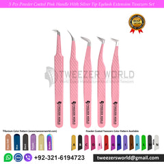 5pcs Powder Coated Pink With Silver Tip Eyelash Tweezers Sets