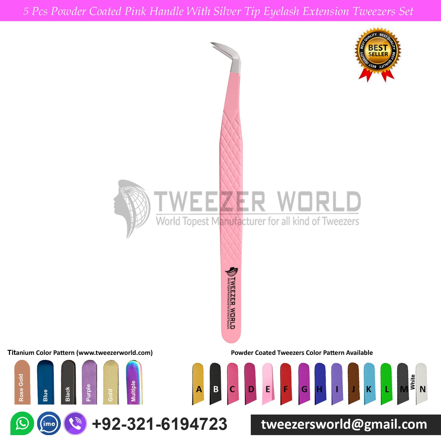 5pcs Powder Coated Pink With Silver Tip Eyelash Tweezers Sets