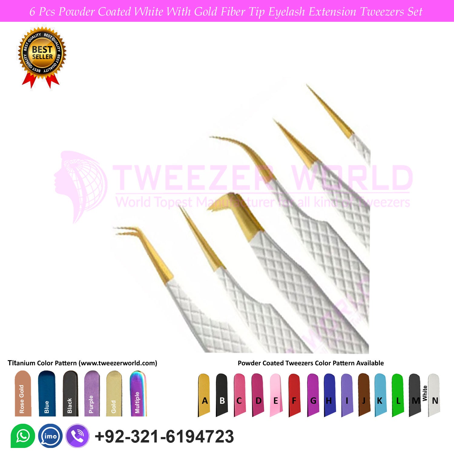 6 Pcs Powder Coated White With Gold Fiber Tip Eyelash Extension Tweezers Set