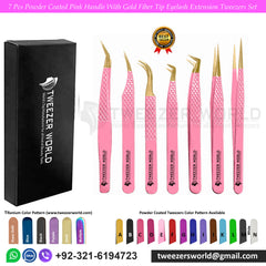 7 Pcs Powder Coated Pink Handle with Gold Fiber Tip Eyelash Extension Tweezers Set