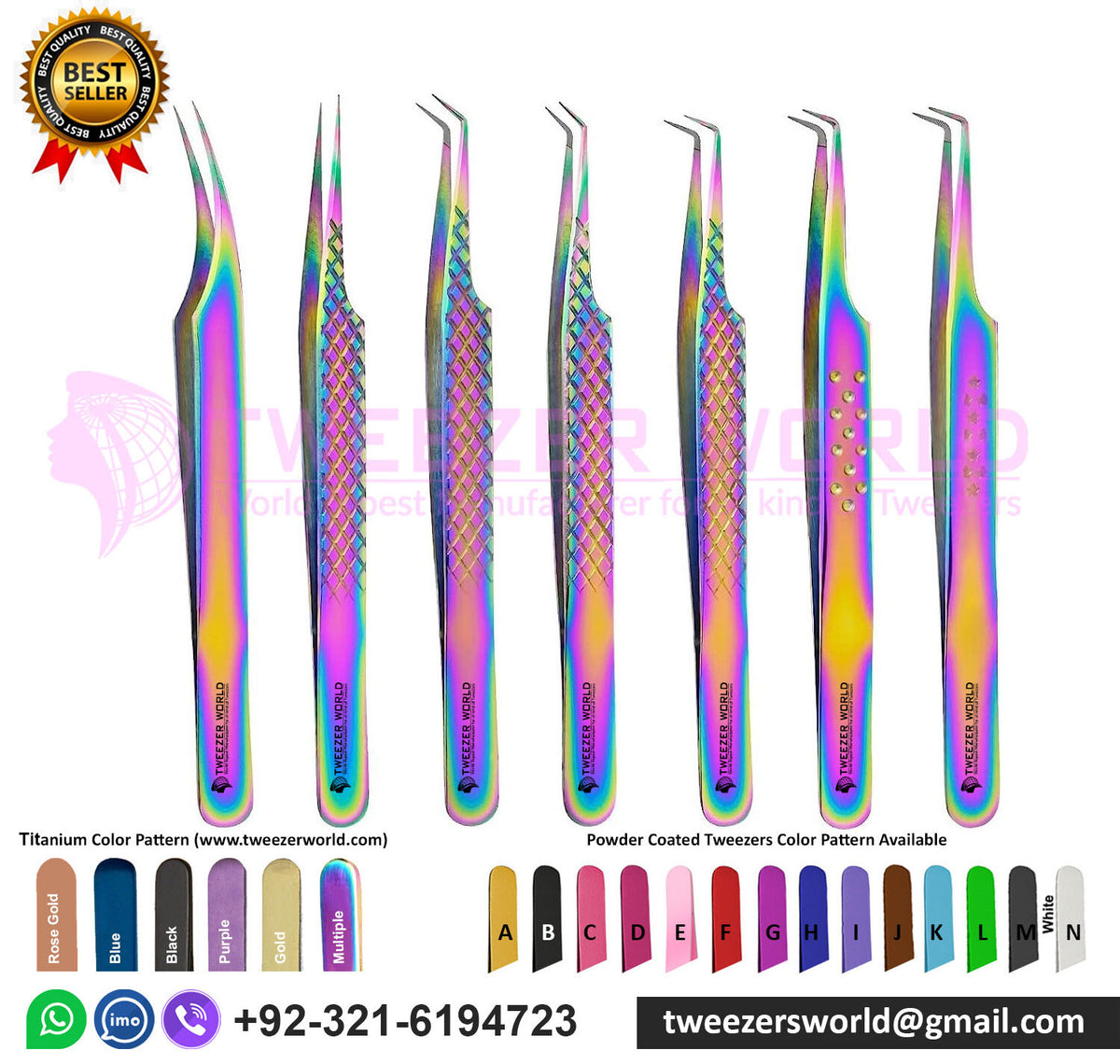 7 Pcs Rainbow Plasma Coated With Fiber Tip Eyelash Extension Tweezers Set