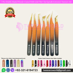 7 Pcs Double Shaded Powder Coated With Gold Fiber Tip Eyelash Extension Tweezers Set For Professionals