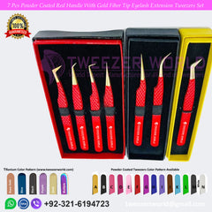 7 Pcs Powder Coated Red Handle With Gold Fiber Tip Eyelash Extension Tweezers Set