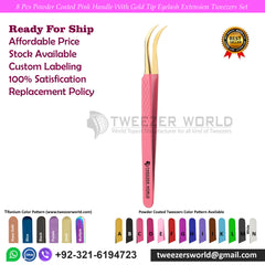 8 Pcs Powder Coated Pink With Gold Tip Eyelash Tweezers Set