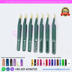 7 Pcs Powder Coated Green Color With Gold Tip Eyelash Extension Tweezers Set