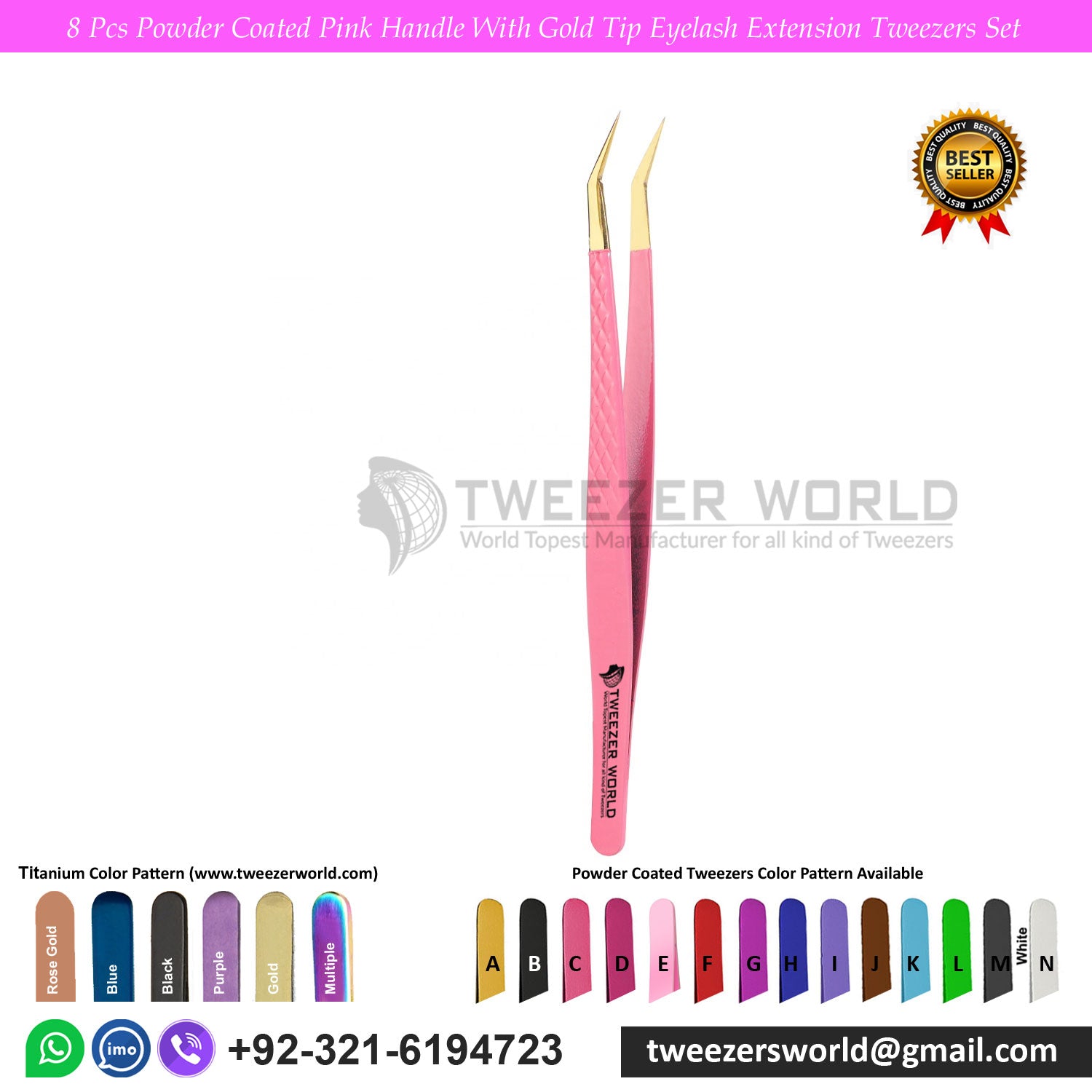 8 Pcs Powder Coated Pink With Gold Tip Eyelash Tweezers Set