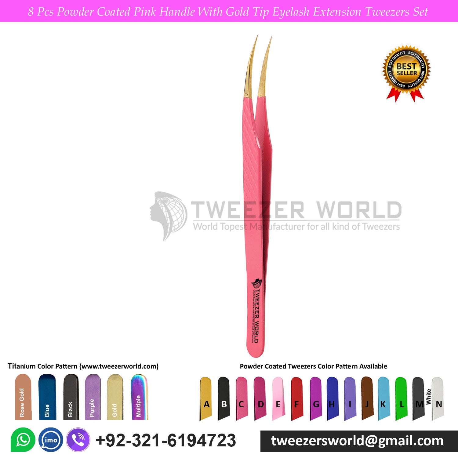 8 Pcs Powder Coated Pink With Gold Tip Eyelash Tweezers Set