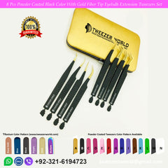 8 Pcs Powder Coated Black Color With Gold Fiber Tip Eyelash Extension Tweezers Set