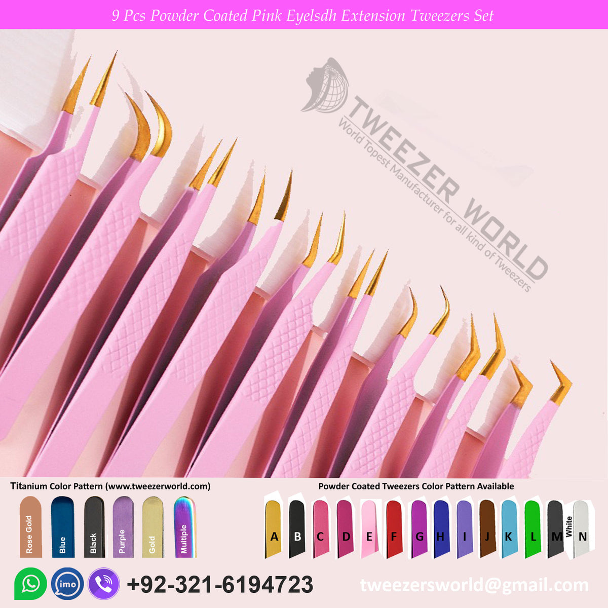 9 Pcs Powder Coated Pink With Gold Fiber Tip Eyelash Extension Tweezers Set for Professionals