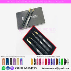 4 Pcs Powder Coated Glitter Black Handle With Gold Tip Eyelash Extension Tweezers Set