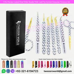 9 Pcs Powder Coated Print White Handle With Gold Tip Eyelash Extension Tweezers Set